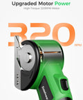 Cordless Cardboard Cutter With Rechargeable 4V Motor Electric Box Cutter close-up with 320 RPM feature and green handle