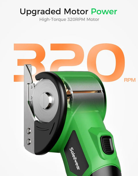 Cordless Cardboard Cutter With Rechargeable 4V Motor Electric Box Cutter close-up with 320 RPM feature and green handle