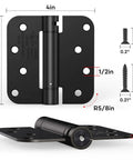 Self Closing 4 Inch Spring Loaded Door Hinge With Adjustable Tension Five Eighths Radius Corners Fits Front Or Back Doors Left Or Right Hand UL Listed Gloss Black shown from front and side with screws and dimensions.