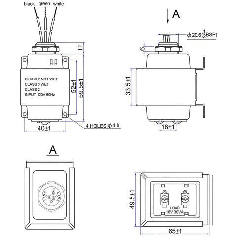 Technical diagram of 1 Pack 16V 30VA Doorbell Transformer For Ring Wired Video Doorbell UL Listed Safe Power Supply Kit Easy To Install