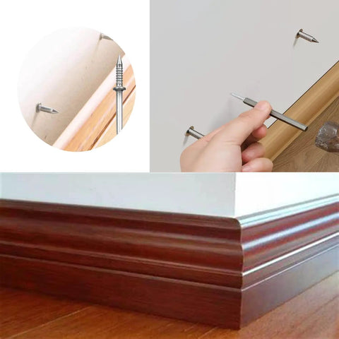 Tough Double Head Baseboard Nails With Bonus Sleeve Drivers Heavy Duty Carbon Steel Skirting Anchors For Zero Fuss Wood Trim Setup Non Marking Invisible Fasteners That Lock In Place And Last shown with installation detail.