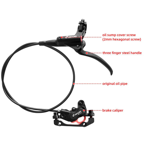 Front view of Z00M HB876 4-piston hydraulic disc brake set with lever and caliper, 1450mm hose, black