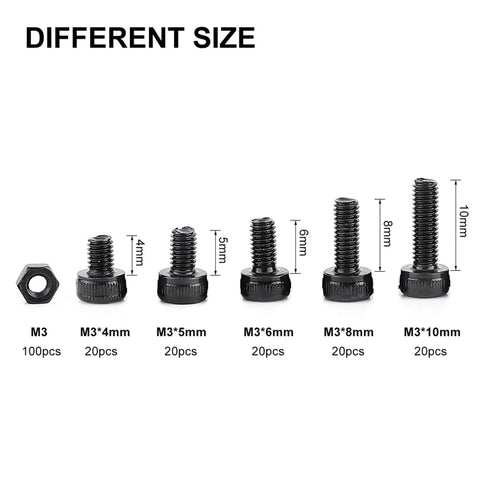 Different sizes of bolts and nuts from 280-Piece M3 Cap Head Hex Socket Bolts And Nuts Assortment Set For Tight Spaces displayed.