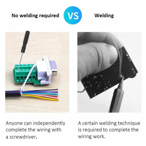 DB9 Breakout Connector Kit Two Pack One Male One Female Solderless Terminal Block vs Welding Comparison