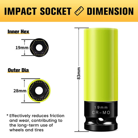 19mm Half Inch Drive Wheel Protector Impact Socket Non Marring Lug Nut Thin Wall Deep Socket Set Chrome Molybdenum Steel 6 Point Color Coded Protective Socket For Tire Changes Hub Removal And Wheel Suspension Maintenance with dimension details