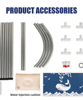 Product accessories layout for Foldable Portable Bath Tub For Shower Stalls, Blue Whale Design with setup parts and cushion.