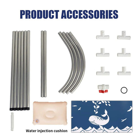 Product accessories layout for Foldable Portable Bath Tub For Shower Stalls, Blue Whale Design with setup parts and cushion.