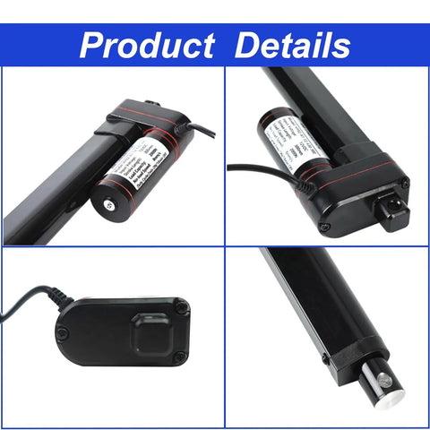 KM-LINEARTECH 24 in 12V electric linear actuator with mounting brackets, black IP65 waterproof front view
