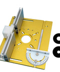 Rock Solid Aluminum Router Lift System With Table Insert Plate For Hassle Free Woodworking And Quick Height Tweaks A No Brainer Shop Upgrade Finished In Black top view of gold router lift system with adjustable plate and washers.