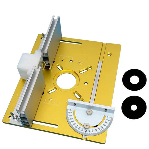 Rock Solid Aluminum Router Lift System With Table Insert Plate For Hassle Free Woodworking And Quick Height Tweaks A No Brainer Shop Upgrade Finished In Black top view of gold router lift system with adjustable plate and washers.