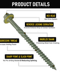 Pack Of Fifty Heavy Duty Wood Structural Screws Green Coated Hex Head Timber And Log Fasteners showing serrated threading and hex head design.