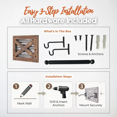 Rustic Farmhouse Toilet Paper Holder And Towel Holder Set Wall Mounted with installation guide and hardware included.