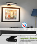 Hassle Free Wireless Picture Light With Remote Control And Adjustable Color Temperature Four Pack above framed photo, sleek black design.