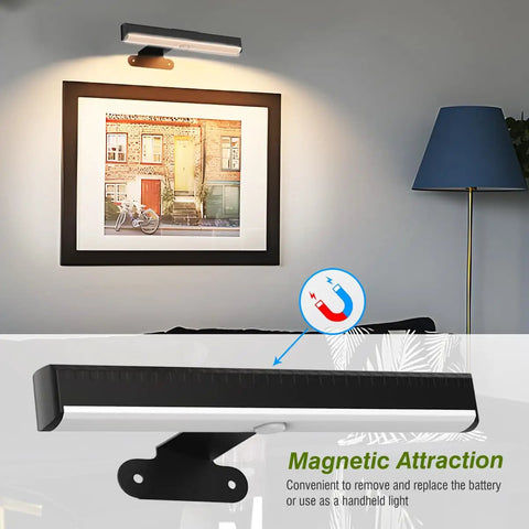 Hassle Free Wireless Picture Light With Remote Control And Adjustable Color Temperature Four Pack above framed photo, sleek black design.