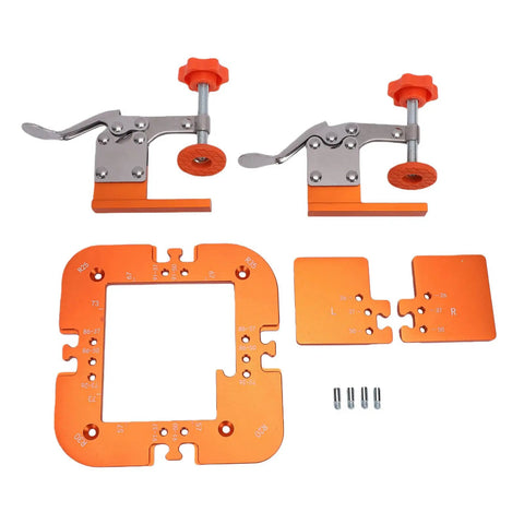 Precision Router Corner Radius Template Set R20 R25 R30 R35 With Secure Board Locking Clamp For Woodworking Slot Positioning Heavy Duty Steel Frame showing orange aluminum jig components and clamps.