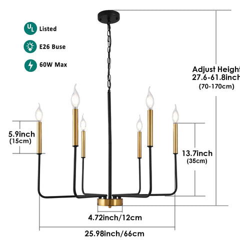 Dimensions of Modern Farmhouse Black And Gold 6 Light Candle Chandelier With Adjustable Height Chain And Rods Ceiling Light Fixture