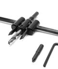 Adjustable Circle Hole Cutter For Wood And Drywall From One And Three Sixteenth Inch To Twelve Inch With One Eighth To Two Inch Cutting Depth And Three Eighth Inch Shank Includes Drill Bit And Hex Wrench For Plaster Plastic Plywood Pro Grade Aracombie displayed with included accessories