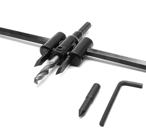 Adjustable Circle Hole Cutter For Wood And Drywall From One And Three Sixteenth Inch To Twelve Inch With One Eighth To Two Inch Cutting Depth And Three Eighth Inch Shank Includes Drill Bit And Hex Wrench For Plaster Plastic Plywood Pro Grade Aracombie displayed with included accessories