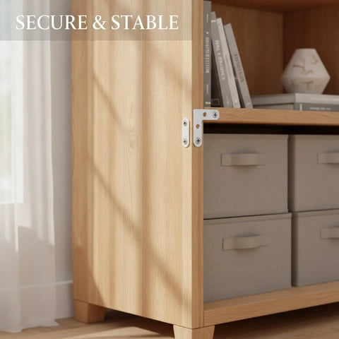 Heavy Duty Stainless Steel 90 Degree Corner Brace L Bracket used on a wooden bookshelf for stability and support.