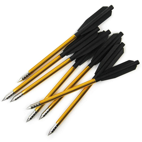 6.3 Inch Aluminum Crossbow Bolts With Plastic Vanes For 50-80 Lb Mini Pistol Crossbows, Dead-On Accuracy For Target Practice And Small Game Hunting, Durable Precision Arrows, 60 Pack. Featuring gold aluminum shafts with black vanes and steel tips.