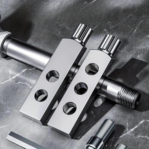 Two Piece Faucet Valve And Pipe Removal Tool Set With Quick Pipe Thread Cutter and Screw Extractor on gray surface