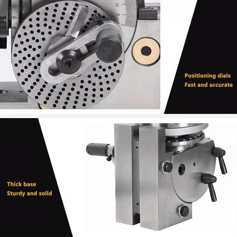 Precision Built Indexing Head With Tailstock For 6 Inch Milling Machine Rotary Table showing positioning dials and thick solid base.