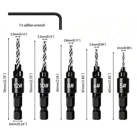 No Hassle Countersink Drill Bit Kit For Woodworking Tools; includes various sizes and adjustable depth for precision drilling.