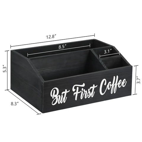 Solid Wood Coffee Station Organizer for Countertop and Bar Setup No Fuss Holder for Coffee Pods Storage Basket Black Finish with "But First Coffee" text