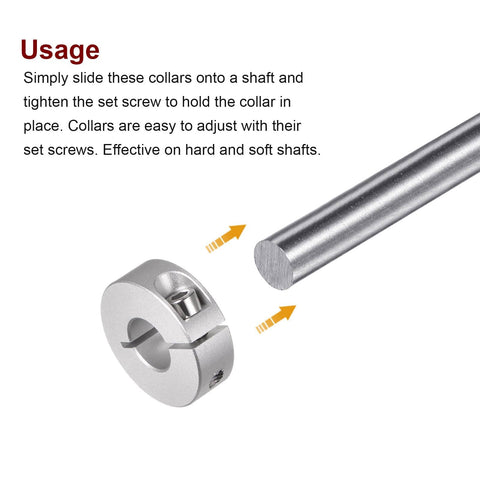 4 Pack Shaft Collar Set Aluminum Alloy Clamp On With Set Screws 14mm Bore showing installation on a metal shaft.