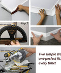 Collage showing a No Math No Guesswork Miter Saw Protractor With Large Scales in use for precise cuts in trim carpentry steps.