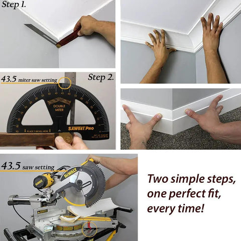 Collage showing a No Math No Guesswork Miter Saw Protractor With Large Scales in use for precise cuts in trim carpentry steps.