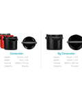 Comparison of red and black Grindenstein Espresso Knock Boxes with dimensions and capacities.