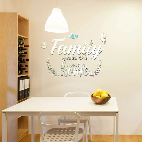 3D Acrylic Mirror Wall Decor Kit With Family Makes This A Home Quote DIY Removable Wall Decals Include Butterfly Heart And Leaf Accents For Living Room And Bedroom Vibe displayed in dining area