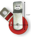 Fiberglass Roller Pulley For Batting Cage And Divider Net 1-3/4 Inch Smooth Glide Slider on metal mount with measurements