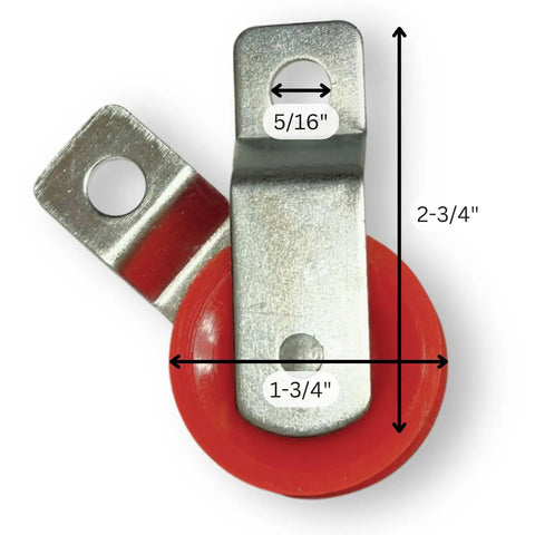 Fiberglass Roller Pulley For Batting Cage And Divider Net 1-3/4 Inch Smooth Glide Slider on metal mount with measurements