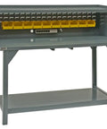 Real Deal Heavy Duty Steel Workbench With Reinforced 12 Gauge Top And Lower Shelf 4000 Lb Capacity Garage Bench 30 X 60 X 34 Inches, grey with shelving and yellow bins.