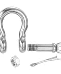 Hella Durable Heavy Duty 3/8 Inch Screw Pin Shackle With 1/2 In Bolt, 2204 Lbs Load 304 Stainless Steel D Ring components including pin, nut, and clip.