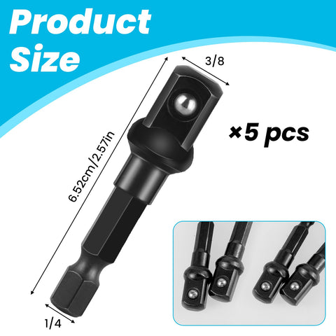 Impact Driver Socket Adapters Set Five Pieces In Durable Black Finish with 1/4 in to 3/8 in dimensions for Quick Change