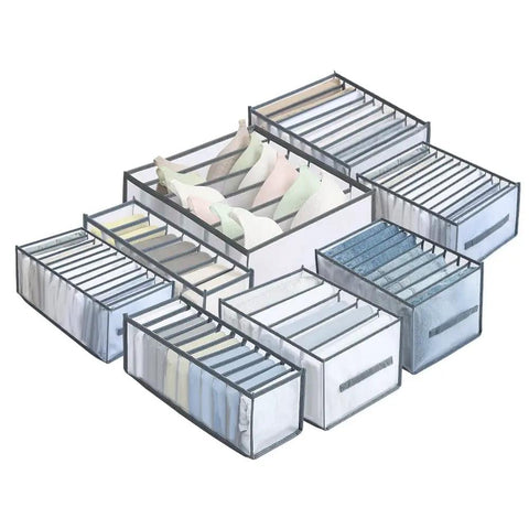 Effortless Wardrobe Closet Organizer System For Clothes And Accessories, Space Saving Drawer Dividers with visible clothes in grids