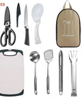 Outdoor Cutlery Portable Set for Camping and Picnics with Secure Pouch, 8-piece kitchenware travel kit on display.
