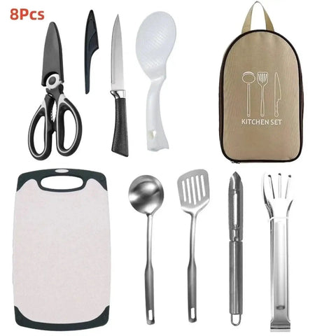 Outdoor Cutlery Portable Set for Camping and Picnics with Secure Pouch, 8-piece kitchenware travel kit on display.