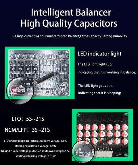 Capacitive Active Battery Equalizer Balancer for LiFePO4 and LTO Packs 3S Through 21S with 5A Transfer, balancer circuit board with indicators.