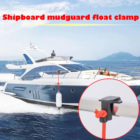 Boat Bumper Clips For Docking, Adjustable Fender Clips For Square Rail, shown on yacht with focus on black nylon clip attachment