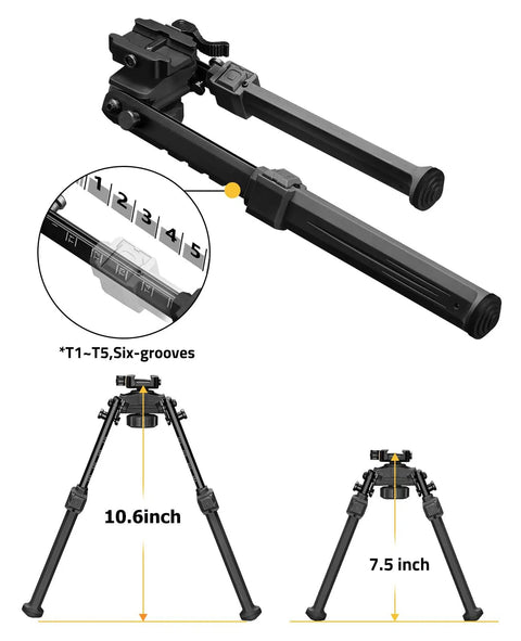 Quick Release Rifle Bipod With 360 Degree Swivel And Tilt Head, Adjustable 7.5 To 10.6 Inch Height, Picatinny Rail Compatible