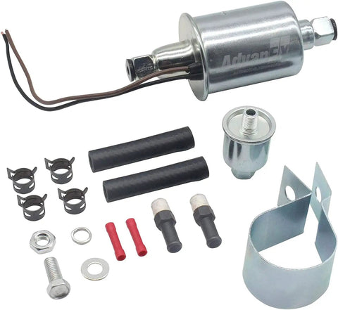 Universal 12V Electric Fuel Pump Inline External 2.5-4.5 PSI With 5/16 Inch Hose parts and accessories displayed