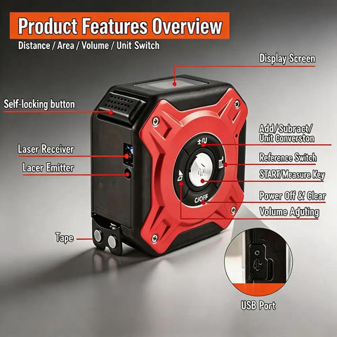 Laser Tape Measure 2-in-1,131ft/40m Laser Distance Meter&16ft/5m Tape Measure,USB-C Rechargeable features overview with buttons.