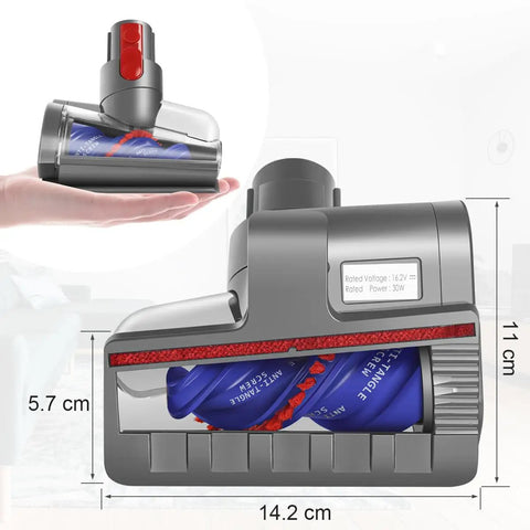 Mini Hair Screw Vacuum Attachment With Anti Tangle Conical Brush For Dyson V15 V11 V10 V8 dimensions shown over hand