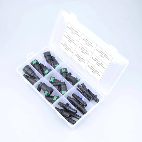 24 Piece Fuel Line Quick Connector Kit Assorted SAE Sizes 7.89mm 9.49mm 9.89mm To 8mm Includes 90 Degree And Straight Adapters And Pipe Fittings