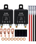 Heavy Duty 12 Volt Relay Switch 2 Pack 200 Amp SPST 4 Terminal Split Charge Starter Relay with connectors and wires.
