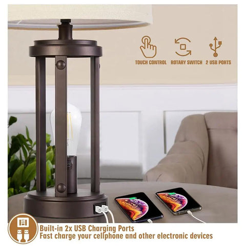 Farmhouse Table Lamps Set Of 2 With Touch Control And 3 Way Dimming, showing lamp base with USB ports and charging phones